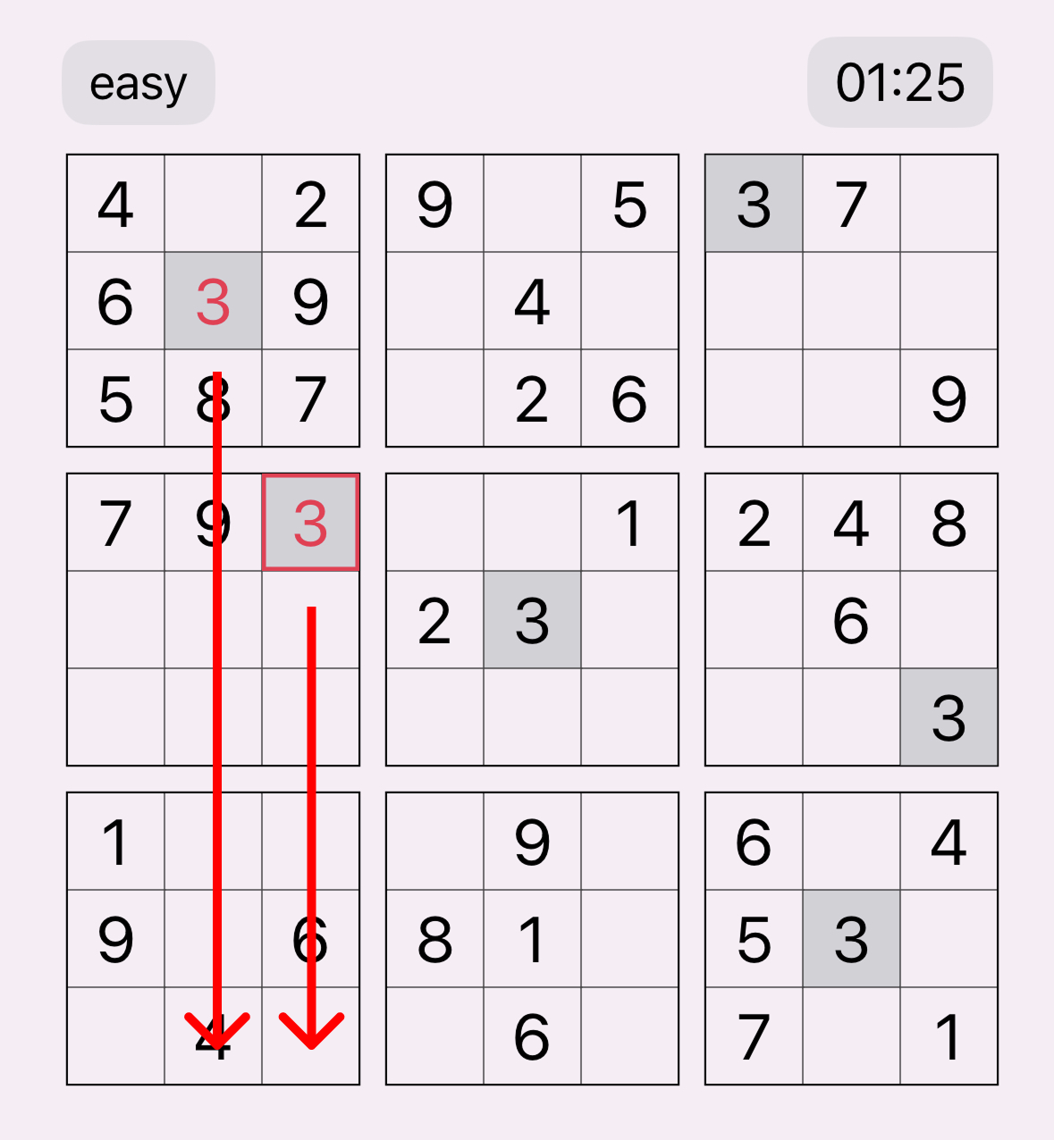 Sudoku board showing scanning technique